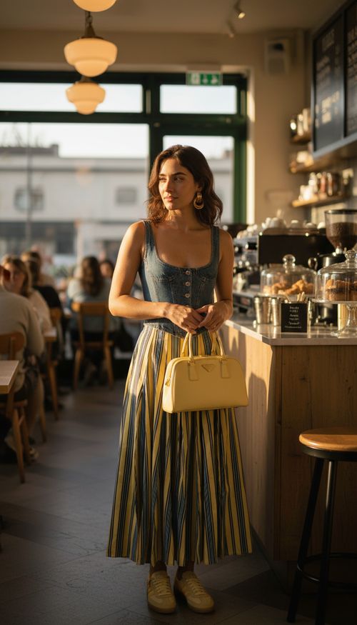 Digital persona styled for a fashion campaign in a cafe setting